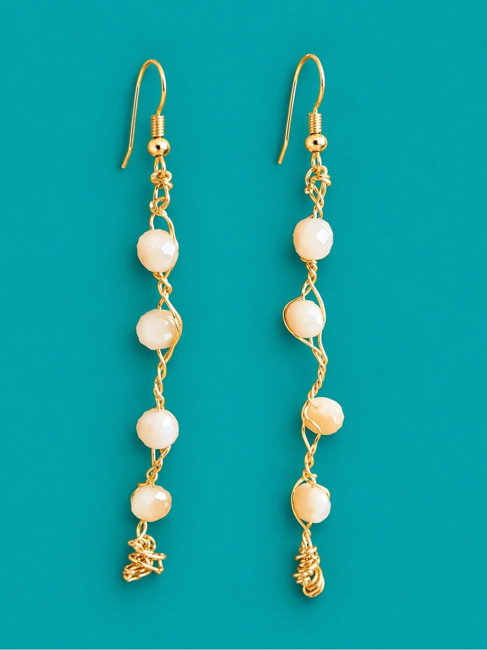 Hand crafted Gold-Tone Drop Earrings with Cream Beads